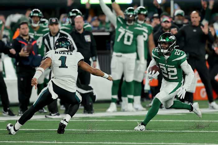 Jets safety Tony Adams intercepted Eagles quarterback Jalen Hurts late in the fourth quarter and returned the pick 45 yards to set up Breece Hall's game-winning touchdown run against the Eagles in Week 6.