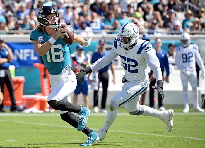Oct 15, 2023; Jacksonville, Florida, USA; Indianapolis Colts defensive end Samson Ebukam (52) pressures Jacksonville Jaguars quarterback Trevor Lawrence (16) during the first half at EverBank Stadium. Mandatory Credit: Melina Myers-USA TODAY Sports