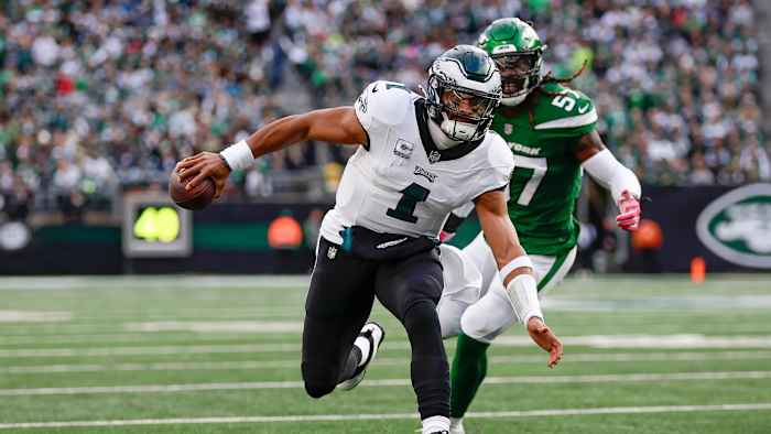 Philadelphia Eagles quarterback Jalen Hurts has 12 total touchdowns in six games this season.