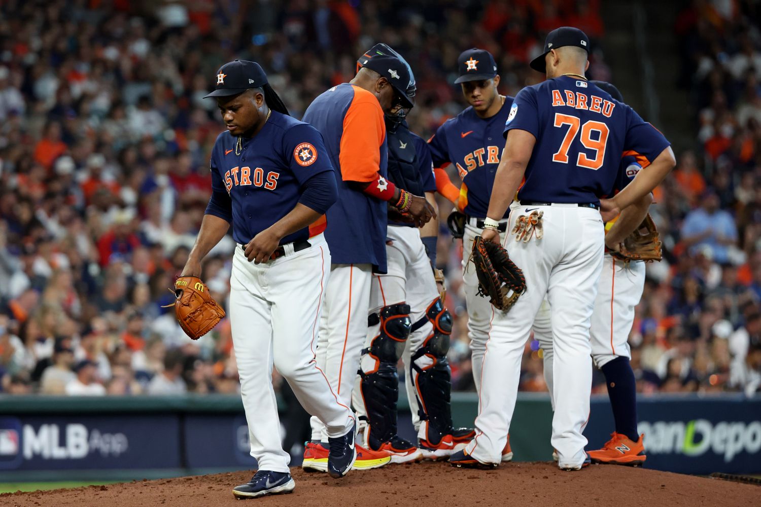 Oct 16, 2023; Houston, Texas, USA; Houston Astros starting pitcher Framber Valdez (59) is relieved in the second inning against the Texas Rangers during game two of the ALCS for the 2023 MLB playoffs at Minute Maid Park. Mandatory Credit: Thomas Shea-USA TODAY Sports