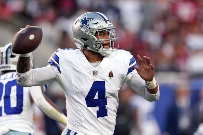 Oct 8, 2023; Santa Clara, California, USA; Dallas Cowboys quarterback Dak Prescott (4) passes against the San Francisco 49ers during the second quarter at Levi's Stadium. Mandatory Credit: Darren Yamashita-USA TODAY Sports
