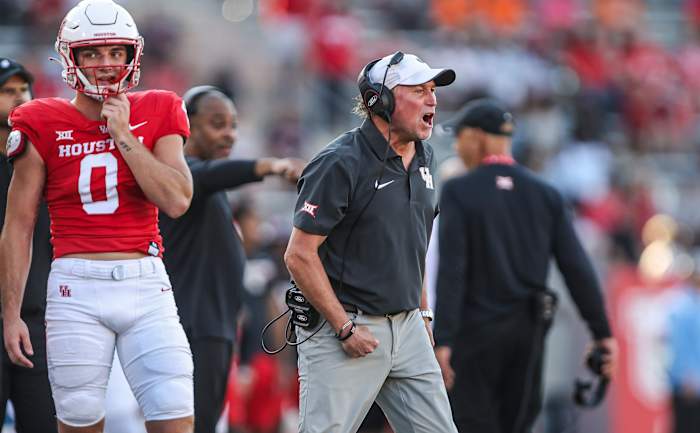 Houston Cougars head coach Dana Holgorsen reacts after a play during the first quarter against the Sam Houston State Bearkats at TDECU Stadium.