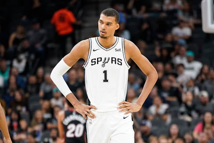 Oct 13, 2023; San Antonio, Texas, USA; San Antonio Spurs center Victor Wembanyama (1) reacts during the first half against the Miami Heat at Frost Bank Center.
