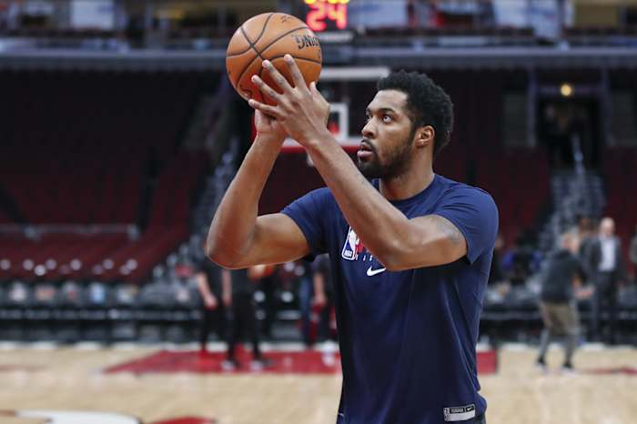New Orleans Pelicans center Derrick Favors (22) warms up before an NBA game against the Chicago Bulls at United Center