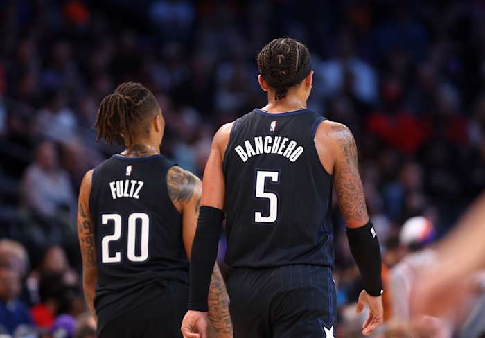 Detailed view of the jersey of Orlando Magic forward Paolo Banchero (5) and guard Markelle Fultz (20) against the Phoenix Suns at Footprint Center.