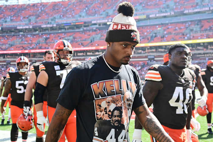 Oct 1, 2023; Cleveland, Ohio, USA; Cleveland Browns quarterback Deshaun Watson (4) walks off the field after warm ups before the game between the Browns and the Baltimore Ravens at Cleveland Browns Stadium.