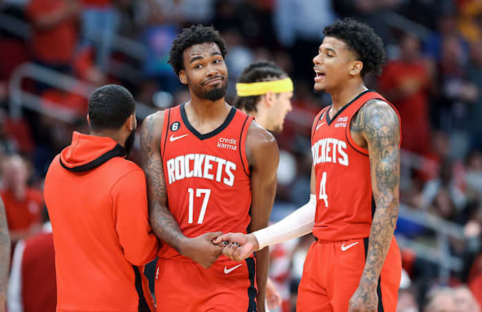 Tari Eason and Jalen Green together during the Rockets home victory against the Denver Nuggets.
