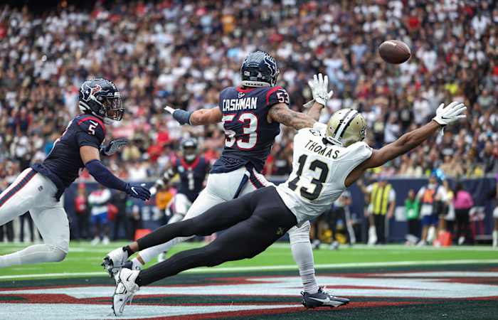 Saints wide receiver Michael Thomas is unable to make a reception in the end zone as Houston Texans linebacker Blake Cashman