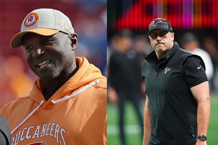 Tampa Bay Buccaneers coach Todd Bowles (left) and Atlanta Falcons coach Arthur Smith (right)