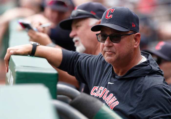 Jul 19, 2023; Pittsburgh, Pennsylvania, USA; Cleveland Guardians manager Terry Francona (77) looks on from the dugout against the Pittsburgh Pirates during the first inning at PNC Park. Mandatory Credit: Charles LeClaire-USA TODAY Sports