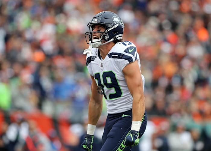 Seattle Seahawks wide receiver Jake Bobo (19) celebrates after his long catch and run during the third quarter against the Cincinnati Bengals at Paycor Stadium.