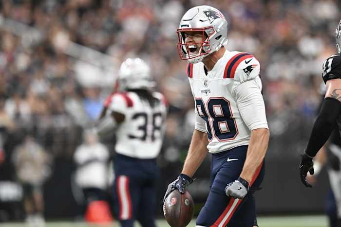 Oct 15, 2023; Paradise, Nevada, USA; New England Patriots tight end Mike Gesicki (88) reacts to a play against the Las Vegas Raiders in the second quarter at Allegiant Stadium. Mandatory Credit: Candice Ward-USA TODAY Sports