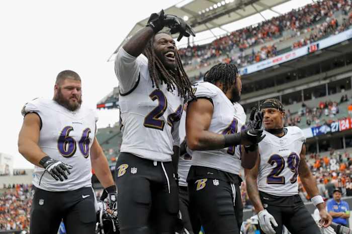 Ravens defensive end Jadeveon Clowney (24) knows the importance of getting after Lions quarterback Jared Goff on Sunday.