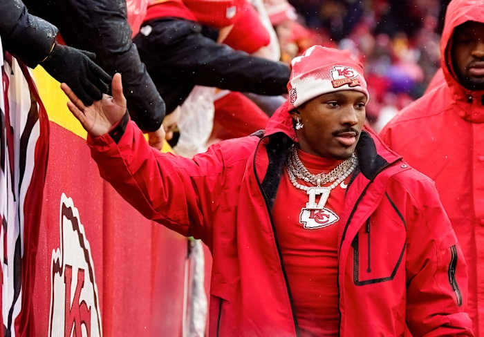 Jan 21, 2023; Kansas City, Missouri, USA; Kansas City Chiefs wide receiver Mecole Hardman (17) greets fans prior to an AFC divisional round game against the Jacksonville Jaguars at GEHA Field at Arrowhead Stadium. Mandatory Credit: Jay Biggerstaff-USA TODAY Sports