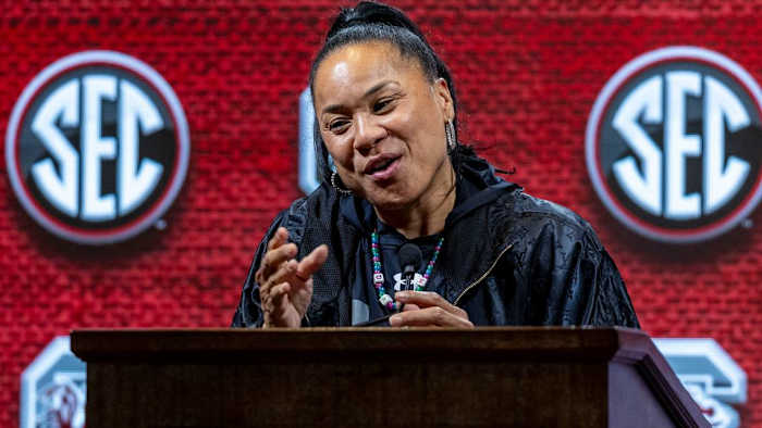 Dawn Staley Speaking At SEC Media Day In Birmingham Al.