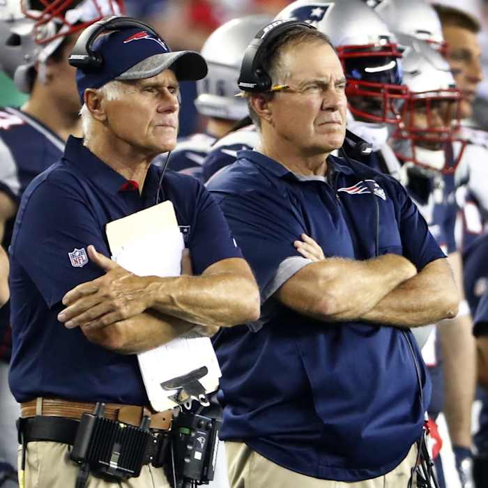 New England Patriots Coaches Dante Scarnecchia (left) and Bill Belichick
