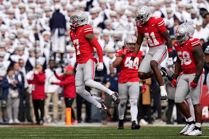 The Ohio State defense celebrates vs. Penn State.