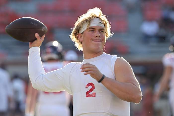 Oct 21, 2023; Auburn, Alabama, USA; Mississippi Rebels quarterback Jaxson Dart (2) warms up before a game against the Auburn Tigers at Jordan-Hare Stadium. Mandatory Credit: John Reed-USA TODAY Sports