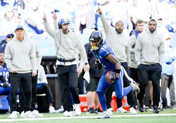Indianapolis Colts wide receiver Josh Downs (1) rushes down the sideline Sunday, Oct. 22, 2023, during a game against the Cleveland Browns at Lucas Oil Stadium in Indianapolis.