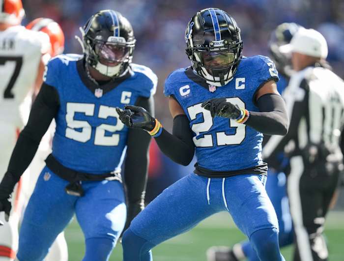 Oct 22, 2023; Indianapolis, Indiana, USA; Indianapolis Colts cornerback Kenny Moore II (23) celebrates after sacking Cleveland Browns quarterback PJ Walker (10) during a game against the Cleveland Browns at Lucas Oil Stadium.