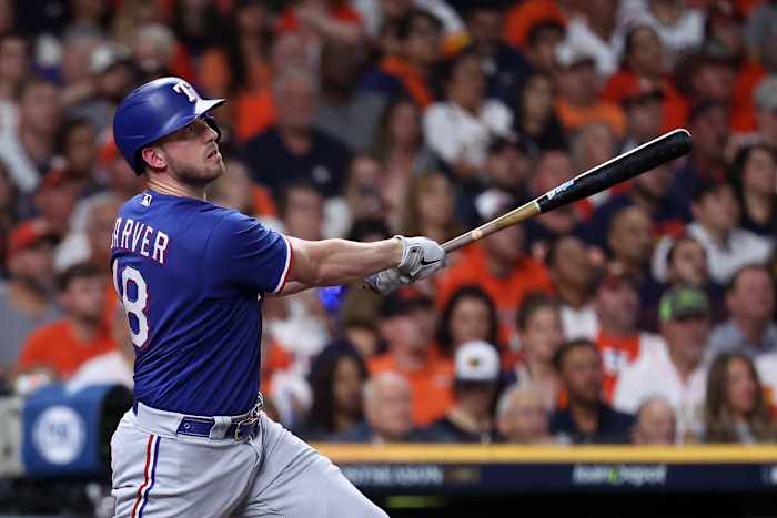 Texas Rangers catcher Mitch Garver, who is now a free agent, hits a home run against the Houston Astros in the second inning during Game 6 of the ALCS on Oct. 22 at Minute Maid Park.