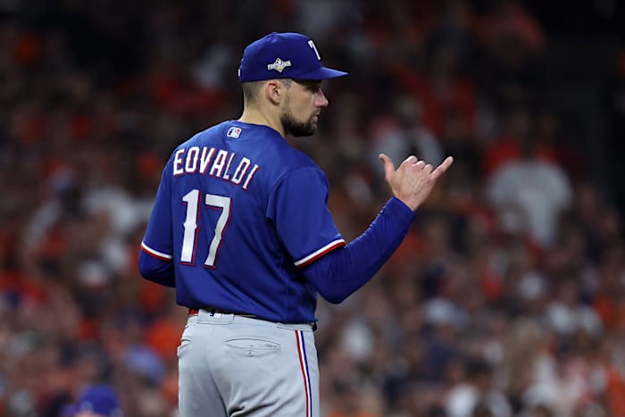 Oct 22, 2023; Houston, Texas, USA; Texas Rangers starting pitcher Nathan Eovaldi (17) reacts against the Houston Astros in the first inning during game six of the ALCS for the 2023 MLB playoffs at Minute Maid Park. Mandatory Credit: Troy Taormina-USA TODAY Sports
