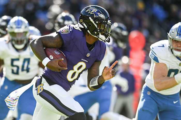 Oct 22, 2023; Baltimore, Maryland, USA; Baltimore Ravens quarterback Lamar Jackson (8) rushes during the first half against the Detroit Lions at M&T Bank Stadium. Mandatory Credit: Tommy Gilligan-USA TODAY Sports