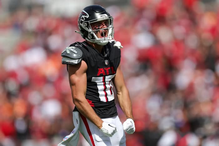 Atlanta Falcons wide receiver Scotty Miller caught a touchdown late in the game against the Tennessee Titans.
