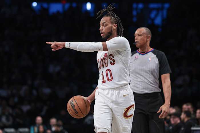 Mar 21, 2023; Brooklyn, New York, USA; Cleveland Cavaliers guard Darius Garland (10) dribbles up court during the first half against the Brooklyn Nets at Barclays Center.