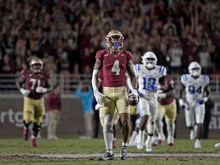 Florida State Seminoles wide receiver Keon Coleman celebrates after a first down catch during the second half against the Duke Blue Devils.