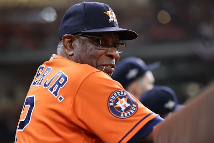 Oct 22, 2023; Houston, Texas, USA; Houston Astros manger Dusty Baker (12) in the first inning during game six of the ALCS for the 2023 MLB playoffs against the Texas Rangers at Minute Maid Park. Mandatory Credit: Troy Taormina-USA TODAY Sports