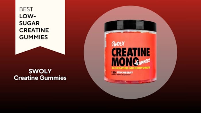 A red background with a white banner that says, "Best Low-Sugar Creatine Gummies" next to an orange and black container of SWOLY Creatine Gummies in Strawberry flavor