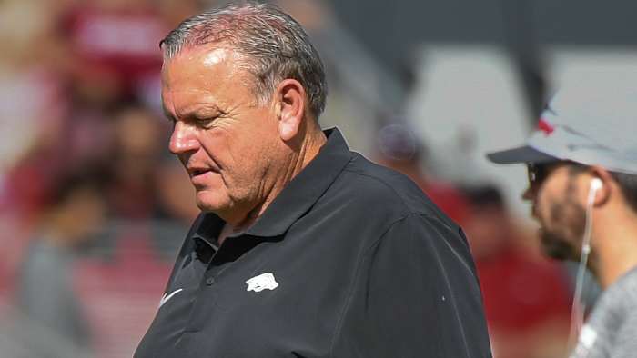 Razorbacks coach Sam Pittman during loss to Mississippi State on Saturday afternoon