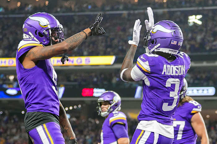 Oct 23, 2023; Minneapolis, Minnesota, USA; Minnesota Vikings wide receiver Jordan Addison (3) celebrates his touchdown against the San Francisco 49ers in the first quarter at U.S. Bank Stadium.