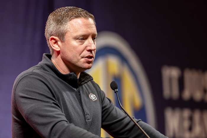 Oct 18, 2023; Birmingham, AL, USA; Georgia Bulldogs head coach Mike White talks with the media during the SEC Basketball Tipoff at Grand Bohemian Hotel Mountain Brook. Mandatory Credit: Vasha Hunt-USA TODAY Sports