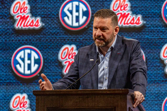 Oct 18, 2023; Brimingham, AL, USA; Mississippi Rebels head coach Chris Beard talks with the media during the SEC Basketball Tipoff at Grand Bohemian Hotel Mountain Brook. Mandatory Credit: Vasha Hunt-USA TODAY Sports