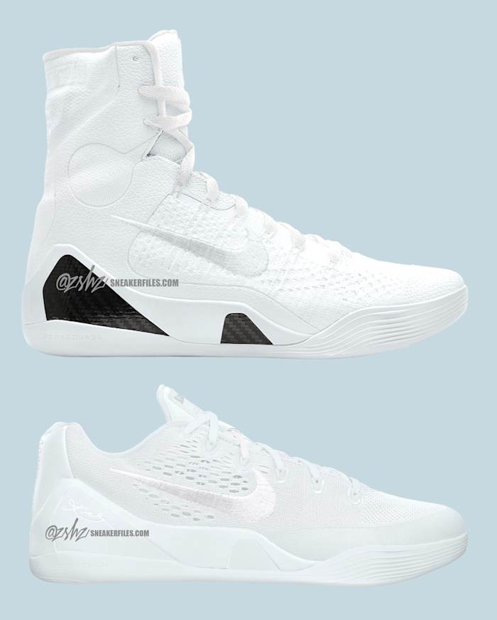 Side view of two pairs of Kobe Bryant's white Nike sneakers.