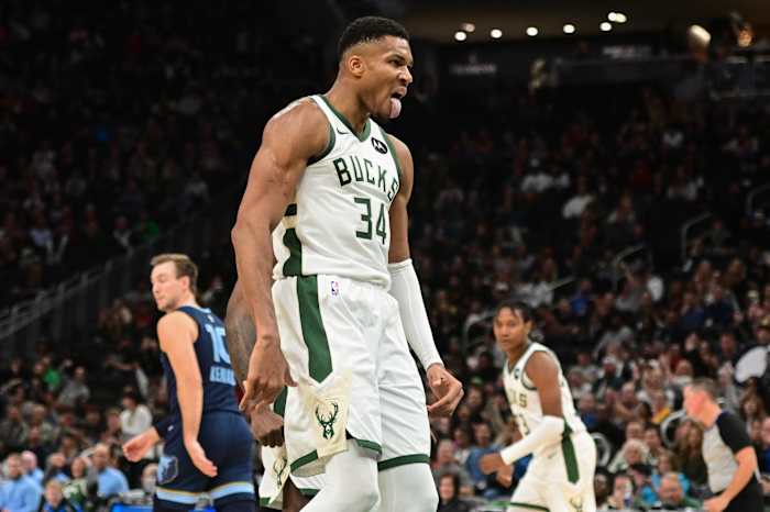 Milwaukee Bucks forward Giannis Antetokounmpo (34) reacts after scoring a basket in the third quarter against the Memphis Grizzlies