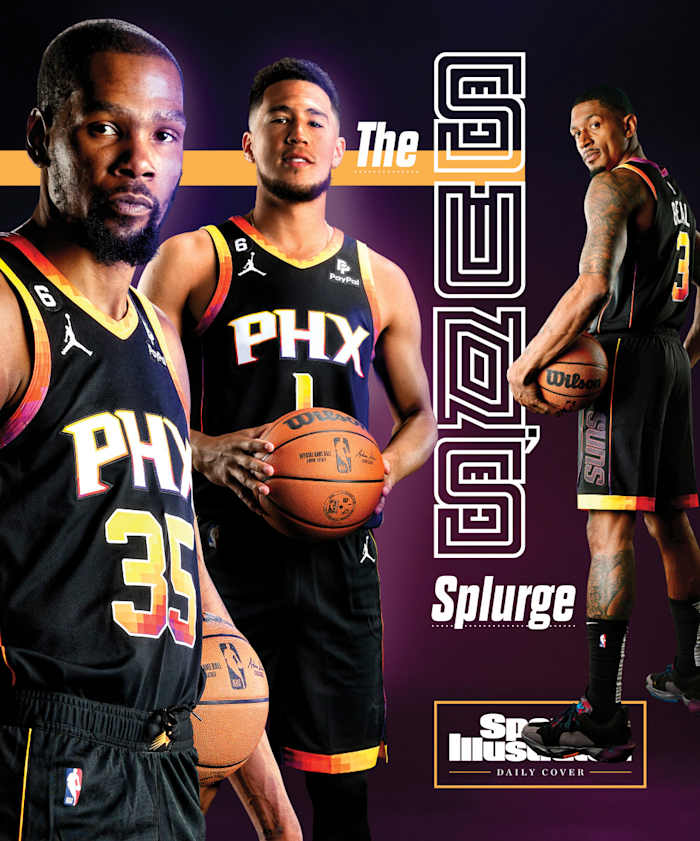 Kevin Durant, Bradley Beal and Devin Booker pose in a graphic headlined “The Suns’ Splurge” for a Sports Illustrated Daily Cover.