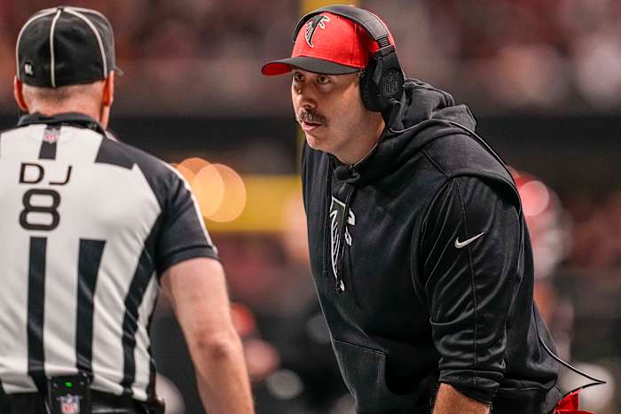 Oct 15, 2023; Atlanta, Georgia, USA; Atlanta Falcons head coach Arthur Smith shown reacting during the game against the Washington Commanders during the second half at Mercedes-Benz Stadium. Mandatory Credit: Dale Zanine-USA TODAY Sports