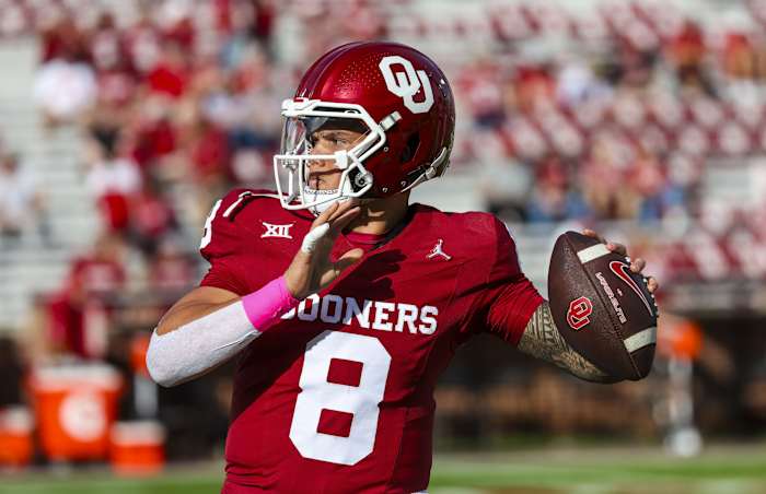 Oct 21, 2023; Norman, Oklahoma, USA; Oklahoma Sooners quarterback Dillon Gabriel (8) warms up before the game against the UCF Knights at Gaylord Family-Oklahoma Memorial Stadium.