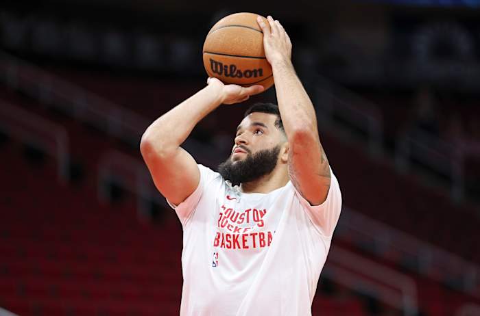 Rockets guard Fred VanVleet warms up before the game against the Indiana Pacers at Toyota Center.