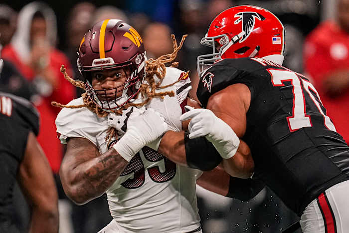 Chase Young fights off a Falcons o-line player