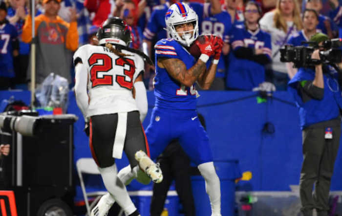 Bills receiver Khalil Shakir makes a catch against the Tampa Bay Buccaneers.
