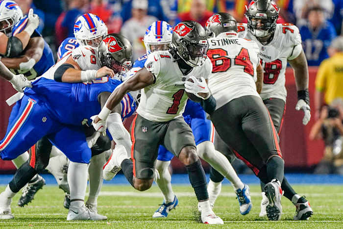Oct 26, 2023; Orchard Park, New York, USA; Tampa Bay Buccaneers running back Rachaad White (1) runs with the ball against the Buffalo Bills during the first half at Highmark Stadium. Mandatory Credit: Gregory Fisher-USA TODAY Sports