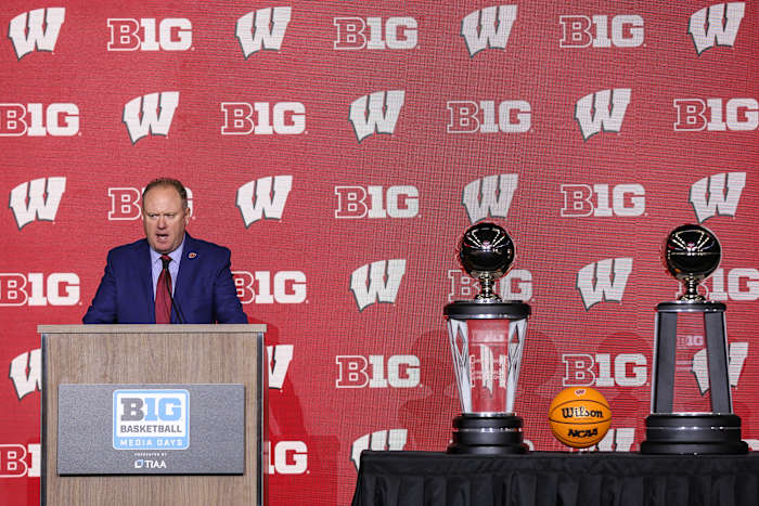 Oct 10, 2023; Minneapolis, MN, USA; Wisconsin Badgers head coach Greg Gard speaks to the media during the Big Ten basketball media days at Target Center. Mandatory Credit: Matt Krohn-USA TODAY Sports