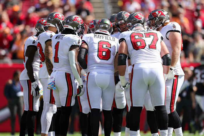 Oct 22, 2023; Tampa, Florida, USA; Tampa Bay Buccaneers quarterback Baker Mayfield (6) leads a huddle against the Atlanta Falcons in the first quarter at Raymond James Stadium.