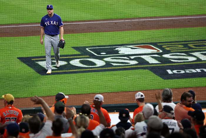 Oct 22, 2023; Houston, Texas, USA; Texas Rangers relief pitcher Josh Sborz (66) walks off the mound to the dug out against the Houston Astros in the eight inning during game six of the ALCS for the 2023 MLB playoffs at Minute Maid Park. Mandatory Credit: Thomas Shea-USA TODAY Sports