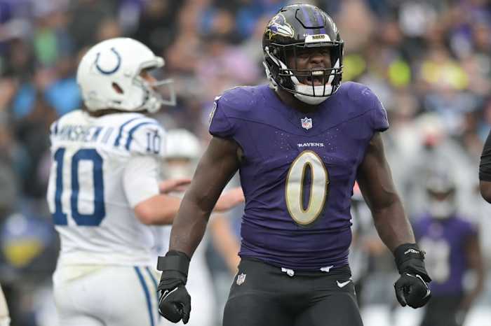 Baltimore Ravens linebacker Roquan Smith (0) reacts after a play during the second half against the Indianapolis Colts at M&T Bank Stadium.
