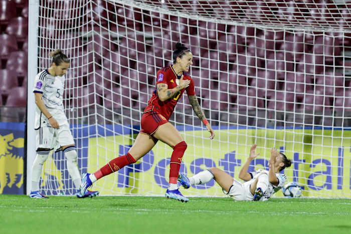 Jennifer Hermoso pictured celebrating after scoring the winning goal for Spain against Italy in a Women's Nations League game in October 2023